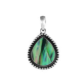 Handcrafted sterling silver pear-shaped pendant with vibrant abalone shell centerpiece, accented with a granulated rope design, artisan Bali jewelry for everyday elegance.